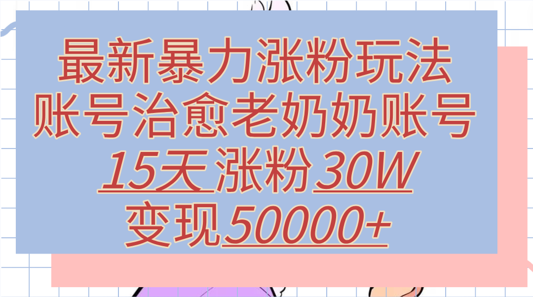 最新暴力涨粉玩法,治愈老奶奶账号,15天涨粉30W,变现50000+【揭秘】-黑猫轻创业
