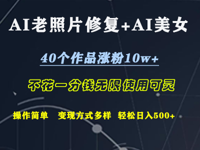 AI老照片修复+AI美女玩发 40个作品涨粉10w+ 不花一分钱使用可灵 操作简单 变现方式多样话 轻松日去500+-黑猫轻创业