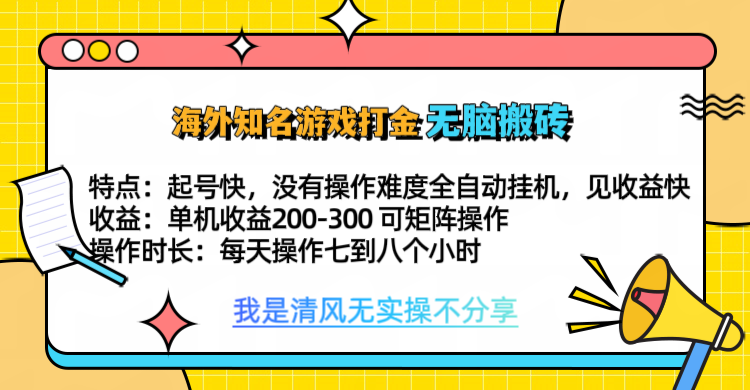 知名游戏打金，无脑搬砖单机收益200-300+  即做！即赚！当天见收益！-黑猫轻创业