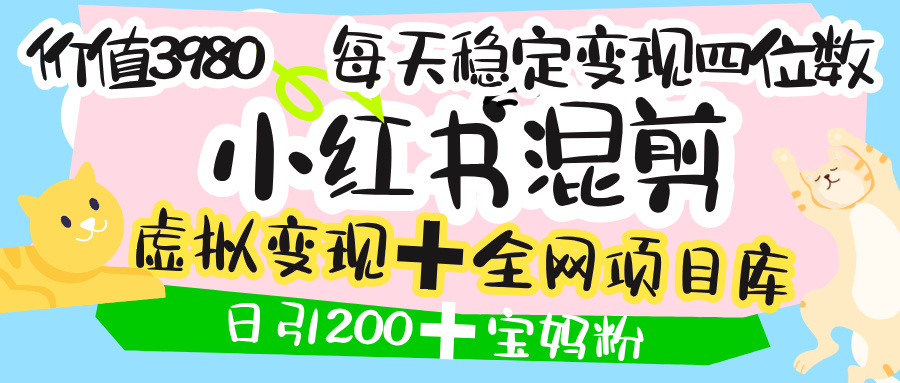 价值3980的小红书混剪， 虚拟变现 ＋全网项目库 ， 日引200+宝妈创业粉，每天稳定四位数变现-黑猫轻创业