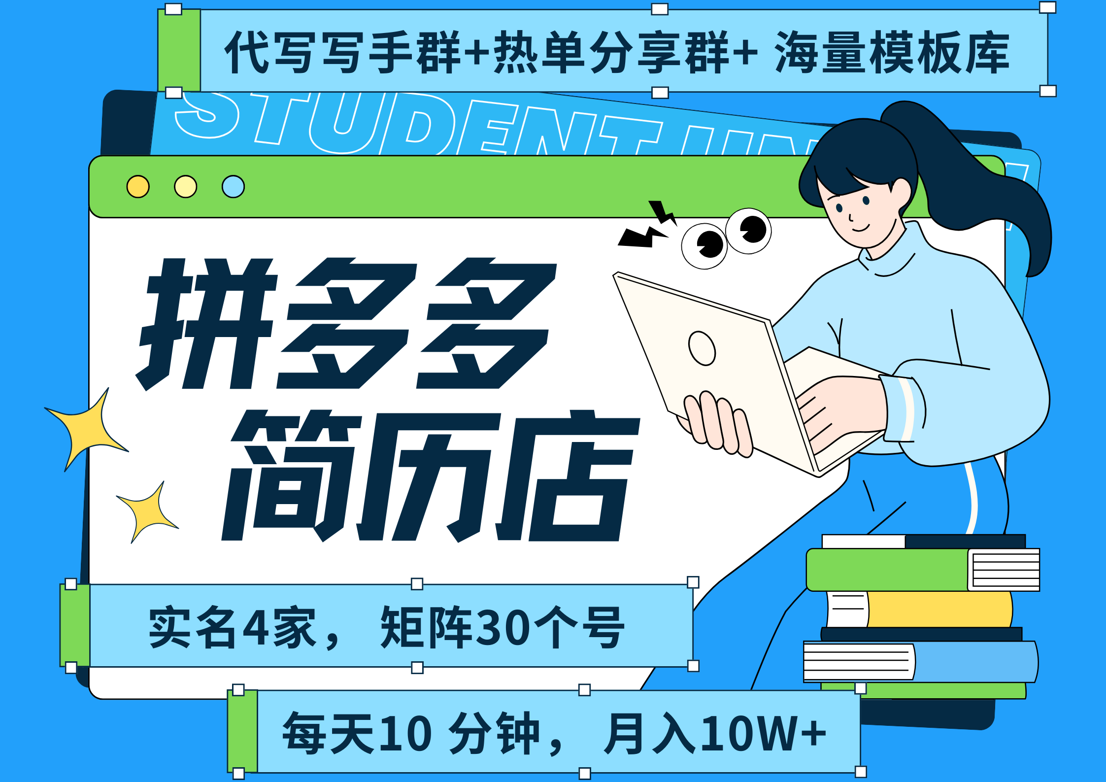 拼多多 虚拟资料 简历 海报代写 全SOP流程 毫无保留分享(含后端资料以及代写渠道)每天十分钟 每人实名四个店 矩阵30个账号 轻轻松松 月入10W-黑猫轻创业
