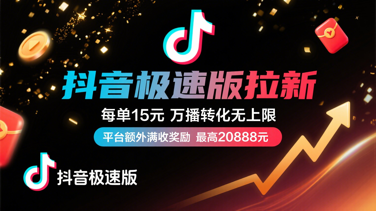 抖音极速版放福利，每单15元，万播转化无上限，平台额外满收奖励，最高可领20888元-黑猫轻创业